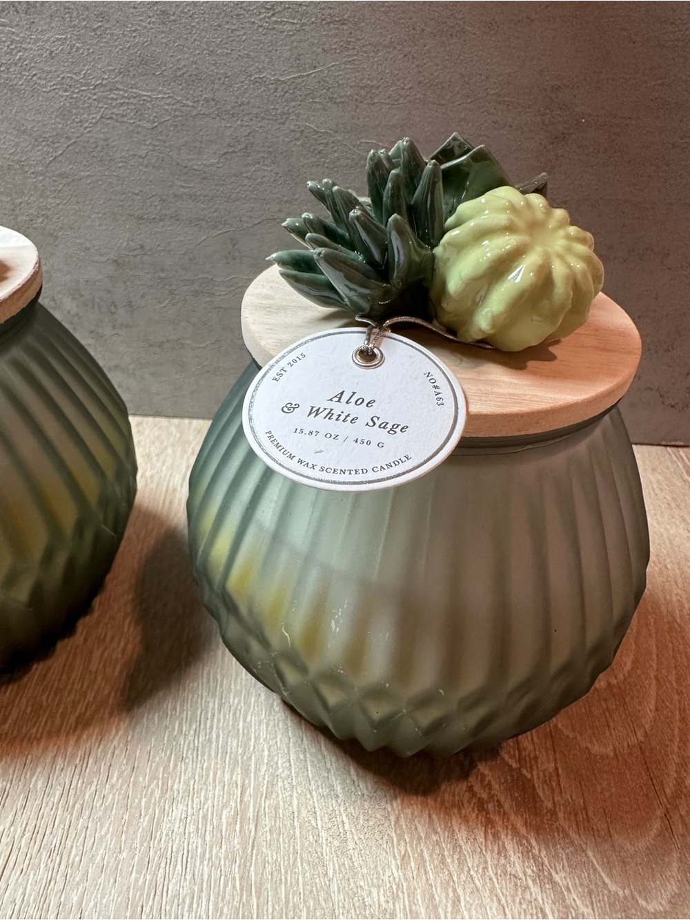 Green Ceramic Succulent Candle Jar with Wooden Lid set of 2 - Picture 3 of 11